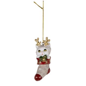 Vánoční závěsná dekorace kočka v punčoše - 4*3*9 cm 6PR3489