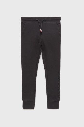 Dětské bavlněné kalhoty Tommy Hilfiger černá barva, s aplikací