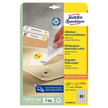 Avery Zweckform etikety 35,6mm x 16,9mm, A4, bílé, 80 etiket, snímatelné, baleno po 25 ks, L4732REV-25, pro laserové a inkoustové