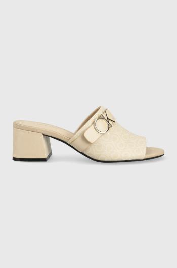 Pantofle Calvin Klein dámské, béžová barva, na podpatku