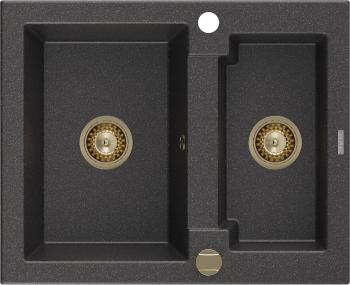 MEXEN/S Carlos granitový dřez 1.5 582x475 mm, černá kropenatá, + zlatý sifon 6518581500-76-G