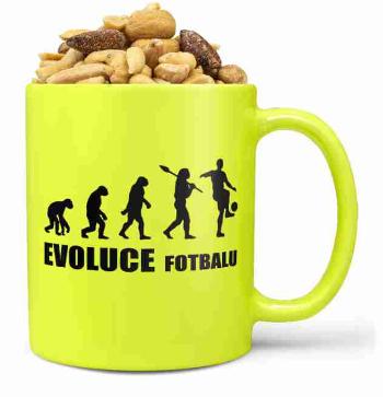 Hrnek Evoluce fotbalu - fluo (Náplň hrníčku: Směs slaných oříšků)