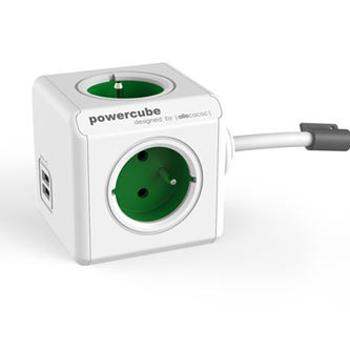 Síťový kabel 230V prodlužovací, CEE7 (vidlice) - POWERCUBE, 1.5m, EXTENDED USB, zelený, POWERCUBE, 4 zásuvky, 2xUSB port,dětská po