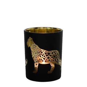 Černo zlatý skleněný svícen s jaguárem M - 8*8*10cm XMWLJZM