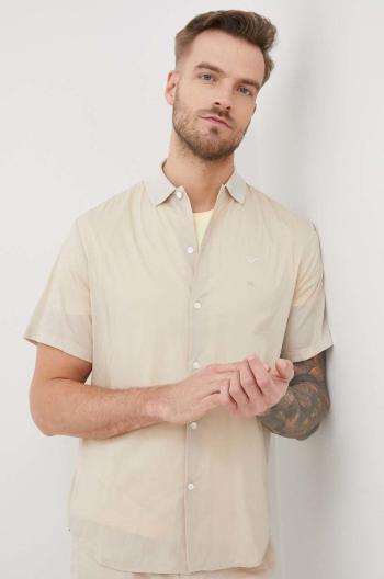 Bavlněné tričko Emporio Armani béžová barva, regular, s klasickým límcem