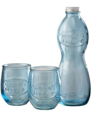 Modrá skleněná láhev a 2skleničky Natural - Ø 10*26cm 4186