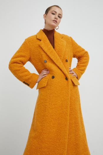 Vlněný kabát BOSS žlutá barva, přechodný, oversize