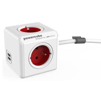 Síťový kabel 230V prodlužovací, CEE7 (vidlice) - POWERCUBE, 1.5m, EXTENDED USB, červený, POWERCUBE, 4 zásuvky, 2xUSB port,dětská p