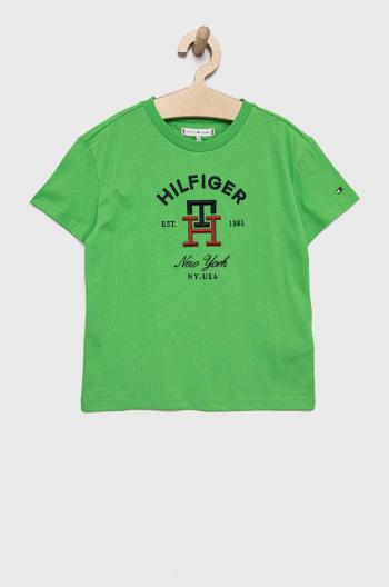 Dětské bavlněné tričko Tommy Hilfiger zelená barva, s aplikací