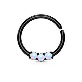 Šperky4U Černý piercing do nosu/ucha kruh s bílými opály - N01168-K