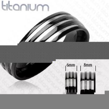 Titanový snubní prsten - se třemi stříbrnými pruhy, černý - Velikost: 65