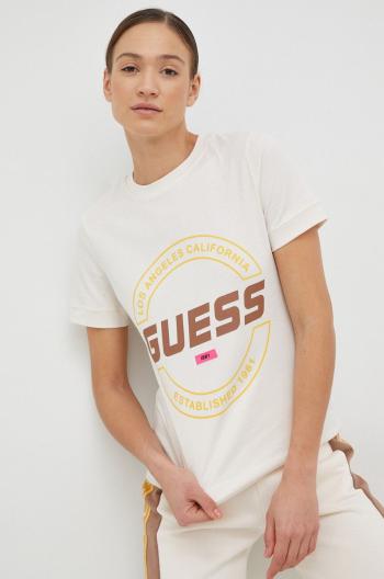 Bavlněné tričko Guess béžová barva