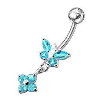 Šperky4U Stříbrný piercing do pupíku - motýlek s kytičkou - BP01287-Q