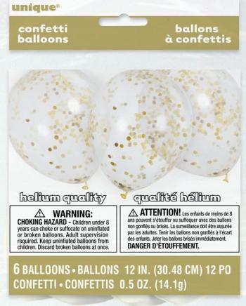 Balónky 6 ks 30 cm - průhledné s konfety zlatými - UNIQUE