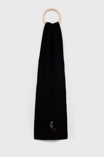 Šátek z vlněné směsi Polo Ralph Lauren černá barva, s aplikací