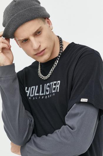 Bavlněné tričko s dlouhým rukávem Hollister Co. černá barva, s potiskem
