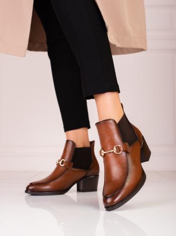 Luxusní  kotníčkové boty hnědé dámské na širokém podpatku