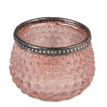 Růžový skleněný svícen na čajovou svíčku se zdobným okrajem - Ø  8*6 cm 6GL3979