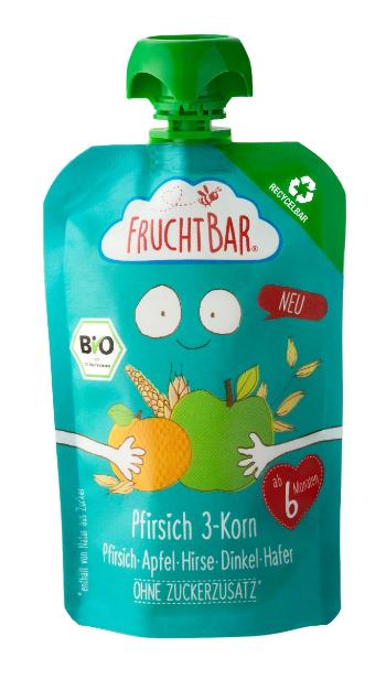 FruchtBar BIO Ovocná kapsička s jablkem, broskví, meruňkami a ovsem 100% recykovatelná 100 g