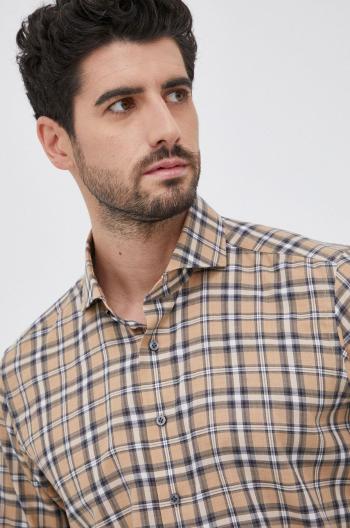 Bavlněné tričko Emanuel Berg pánské, hnědá barva, slim, s klasickým límcem