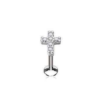 Šperky4U Piercing do brady křížek 1,2 x 8 mm, čiré zirkony - LB0027C-1208