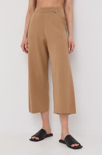 Bavlněné kalhoty BOSS dámské, béžová barva, střih culottes, high waist