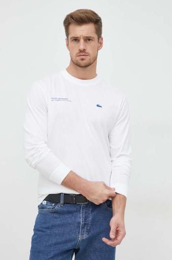 Bavlněné tričko s dlouhým rukávem Lacoste bílá barva, s potiskem