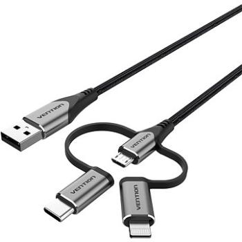 Vention MFi USB 2.0 to 3-in-1 Micro USB & USB-C & Lightning Cable 1M Gray Aluminum Alloy Type (CQJHF)