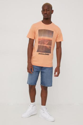 Bavlněné tričko Jack & Jones oranžová barva, s potiskem