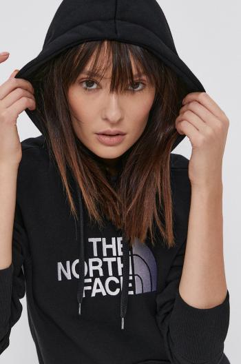 Bavlněná mikina The North Face dámská, černá barva, s kapucí, s aplikací