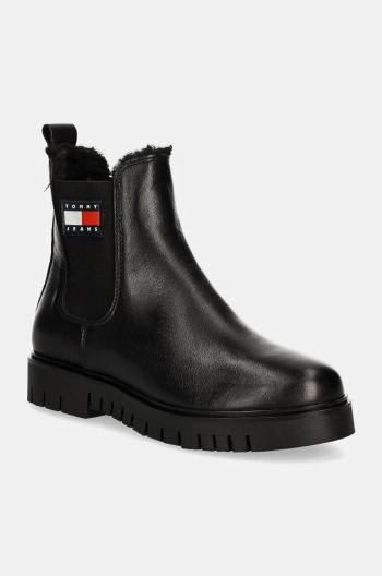 Kožené kotníkové boty Tommy Jeans TJW CHELSEA BOOT WL dámské, černá barva, na plochém podpatku, zateplené, EN0EN02626