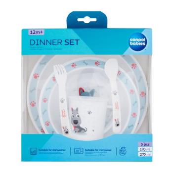 Canpol babies Cute Animals Dinner Set Dog nádobí miska 270 ml + hrnek 170 ml + talíř + lžíce + vidlička pro děti poškozená krabička