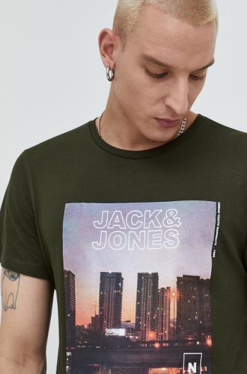 Bavlněné tričko Jack & Jones zelená barva, s potiskem