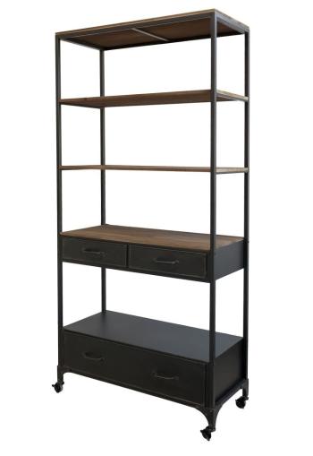 Černý kovový regál/ knihovna na kolečkách s dřevěnými policemi a šuplíky Ben - 91*42*200cm 40337-24