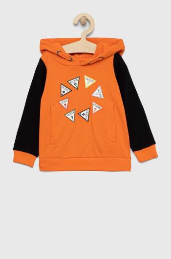 Dětská bavlněná mikina Guess oranžová barva, s kapucí, s potiskem