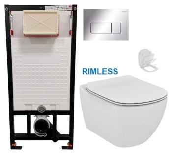 DEANTE Podomítkový rám, pro závěsné WC mísy + SLIM tlačítko chrom + WC Ideal Standard Tesi se sedátkem RIMLESS CST_WC01 051P TE2