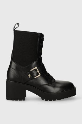 Kožené kotníkové boty Tommy Hilfiger TOMMY BELT LEATHER BOOT dámské, černá barva, na podpatku, FW0FW07526