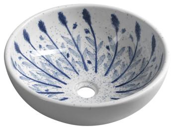 SAPHO PRIORI keramické umyvadlo, průměr 41cm, bílá s modrým vzorem PI028