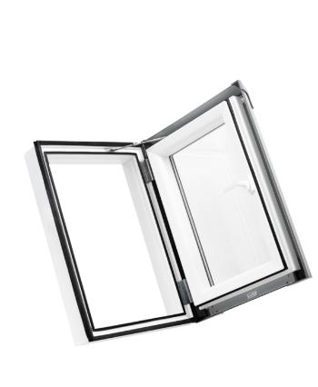 Skladová okna Plastový střešní výlez PREMIUM 550×780 "bílá" - hnědé oplechování (8019), otevírání levé, 55cm x 78cm
