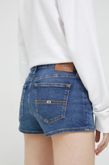 Džínové šortky Tommy Jeans dámské, tmavomodrá barva, hladké, medium waist