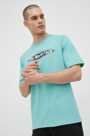 Bavlněné tričko The North Face tyrkysová barva, s potiskem