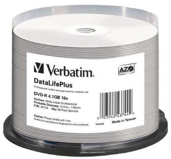 DVD-R 4,7GB, 16x, Printable, no-ID, Verbatim, 50-cake, bal. 50 ks, 43744/43533
