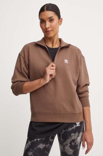 Mikina adidas Originals Essentials Halfzip Sweatshirt dámská, hnědá barva, s aplikací, IR5938