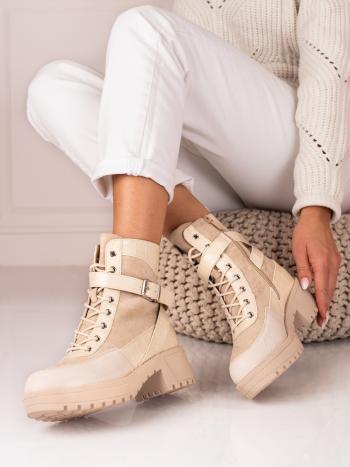 Designové dámské  kotníčkové boty hnědé na širokém podpatku