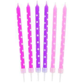 Svíčky dortové, 10cm, se stojánkem, puntíky, fialové, růžové, 24ks (5901238624431)