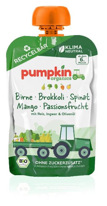 Pumpkin Organics BIO Zeleninový pyré Brokolice, špenát, hruška, mango, maracuja 100 g