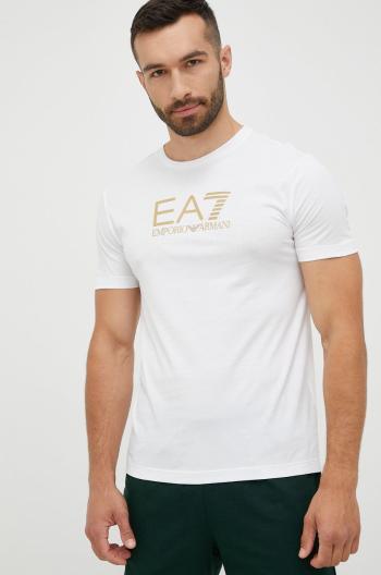 Bavlněné tričko EA7 Emporio Armani bílá barva, s aplikací