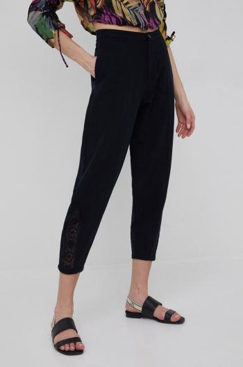 Bavlněné kalhoty Desigual dámské, černá barva, jednoduché, high waist