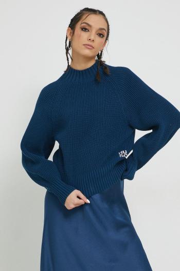 Bavlněný svetr HUGO dámský, tmavomodrá barva, s pologolfem