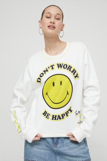 Bavlněná mikina Desigual x Smiley dámská, bílá barva, s potiskem, 24SWSK58